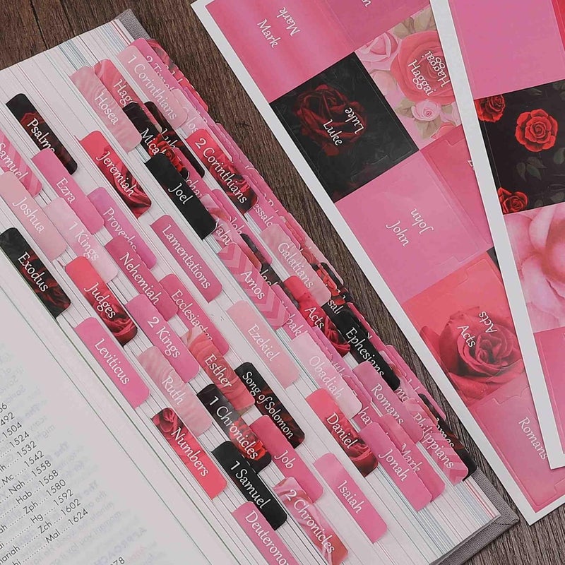 thinkor Reposition Laminated Bible Tabs, Large Print Stickers, Easy to Read and Apply Bible Tabs for Women and Man (Pink Rose Print) - Image 1